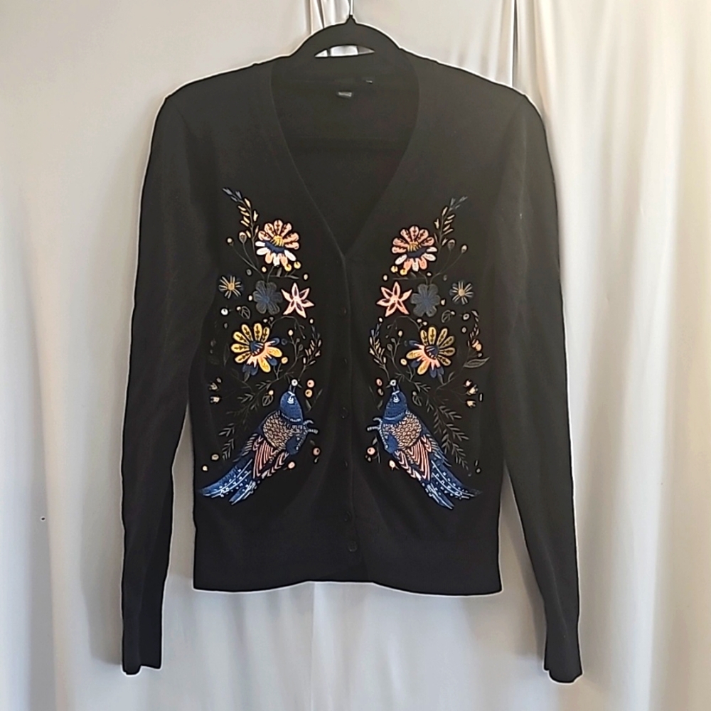 Gorgeous Embroidered Knit Cardigan, Exotic Birds Flowers, S